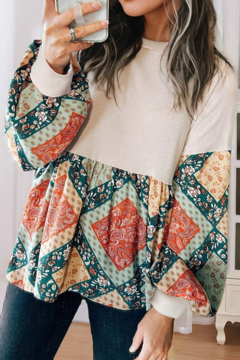 Printed Round Neck Long Sleeve Blouse