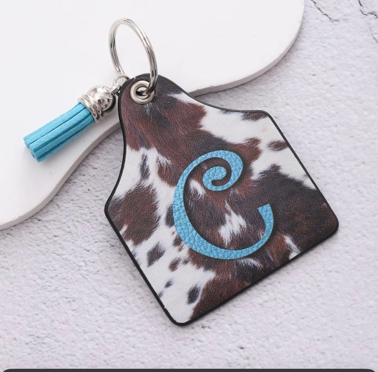 Cowhide Initial Keychain