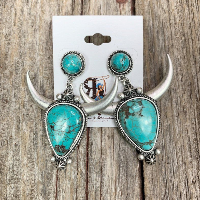 Artificial Turquoise Alloy Cow Head Earrings