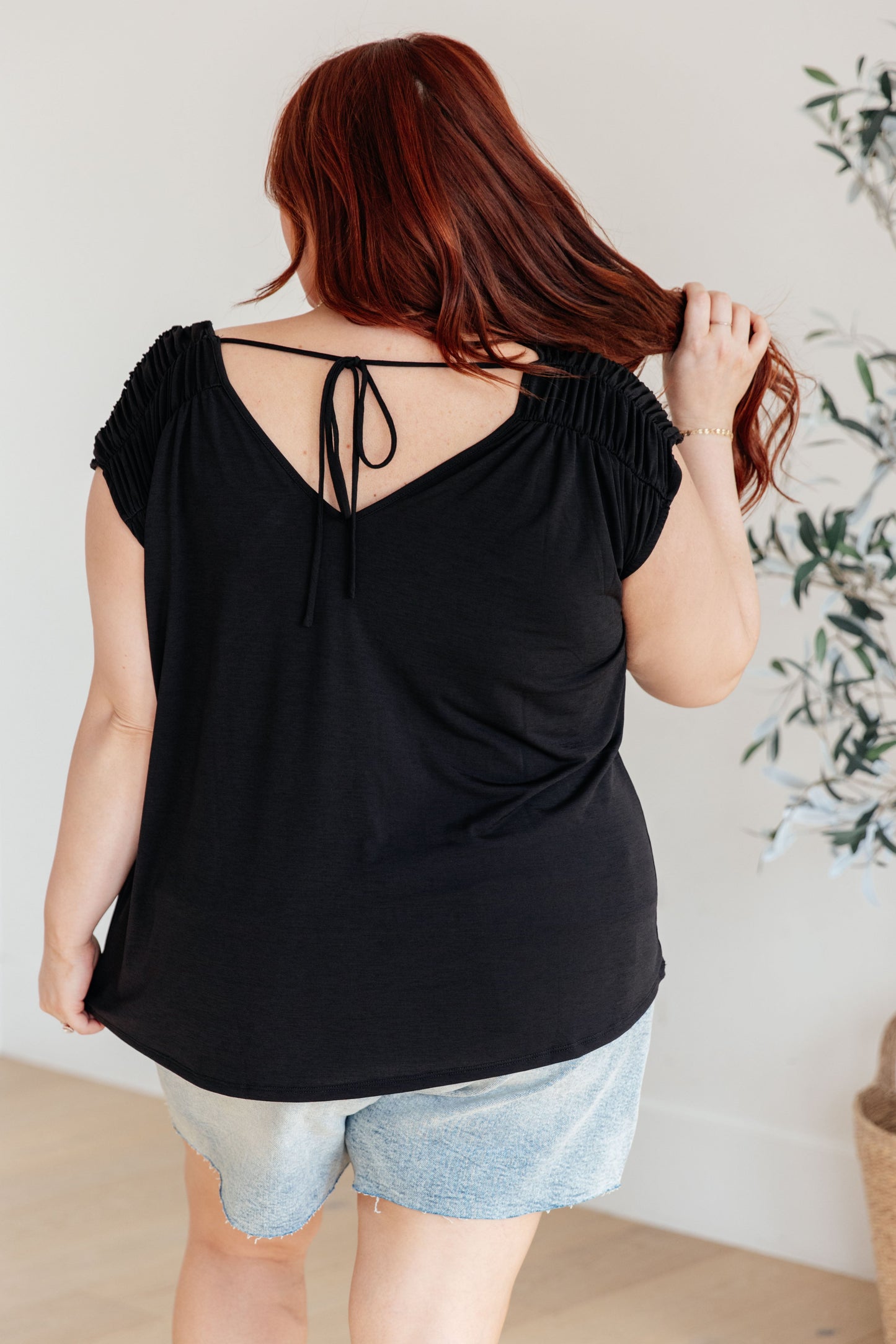 Ruched Cap Sleeve Top in Black