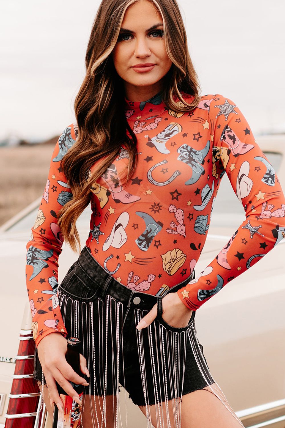 Printed Mock Neck Long Sleeve Bodysuit